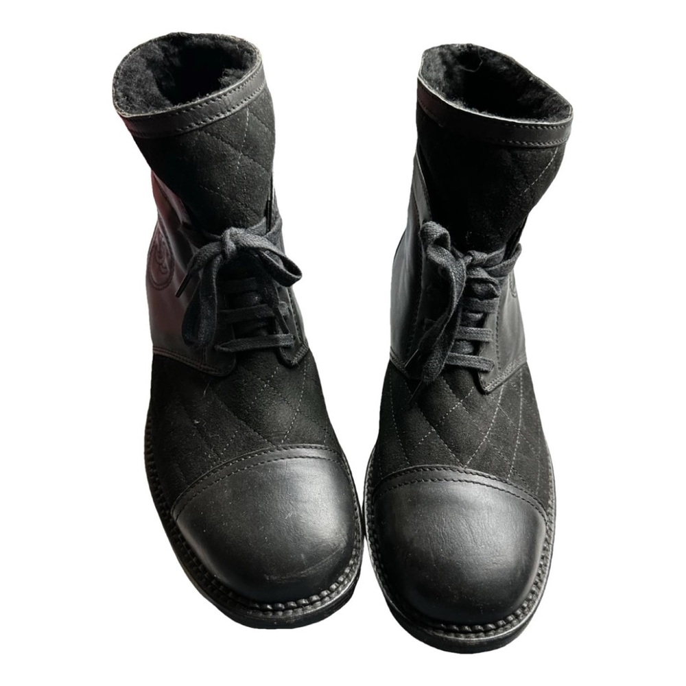 CHANEL Black Combat Boots with Textured Leather
